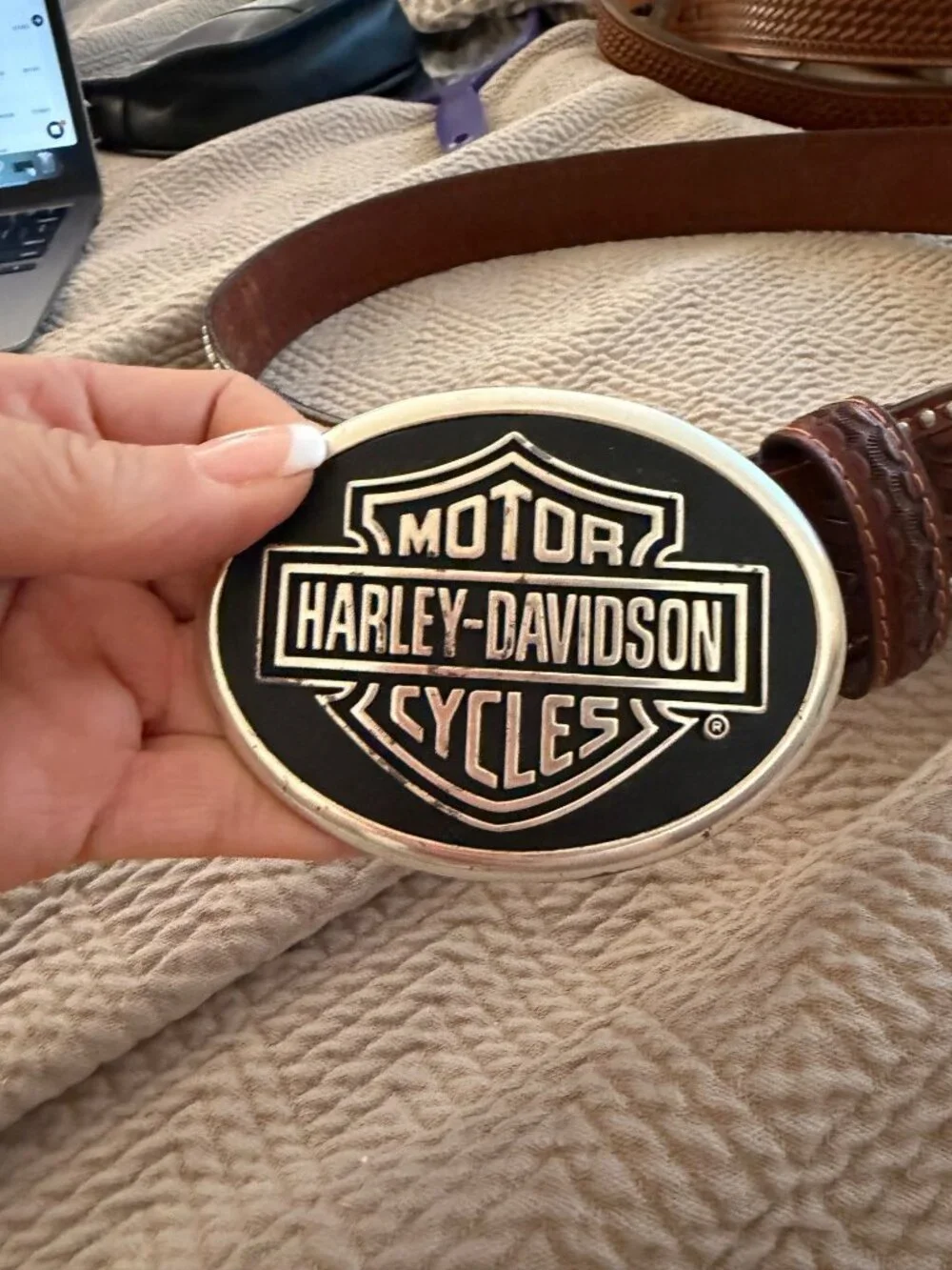 Harley Davidson Mens Calf Hair Tooled Studded Belt Buckle Ranger Size 36 Moto